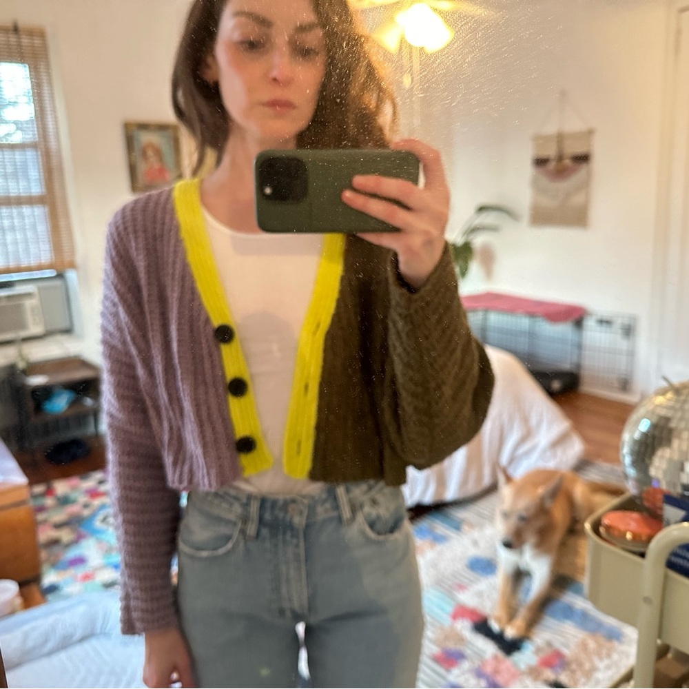 Multi-colored cropped cardigan in lavender, neon green, and olive